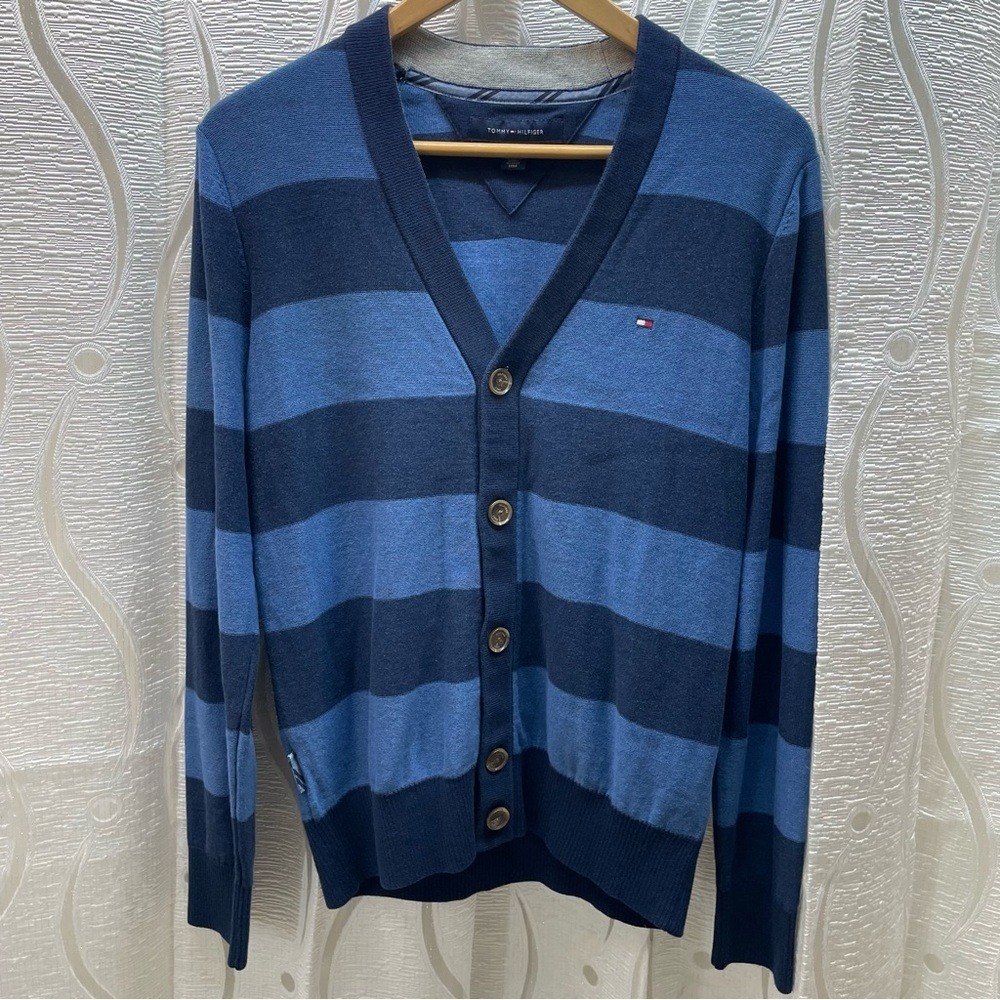 Tommy Hilfiger Cardigan Mens Small Blue Striped Excellent V-Neck Cotton‎ Knit